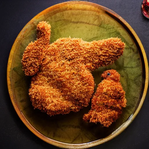 Prompt: standing breaded chicken with a crown of a king in top of it, hyper realistic, 4k