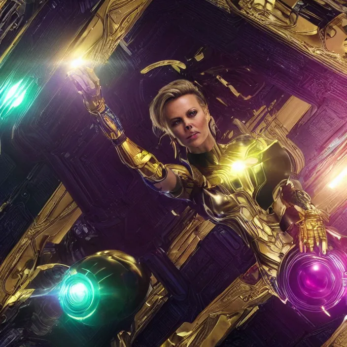 Image similar to The Infinity Gauntlet. Charlize Theron, intricate artwork. octane render, trending on artstation, very coherent symmetrical artwork. avengers. thanos. cinematic, hyper realism, high detail, octane render, 8k, iridescent accents