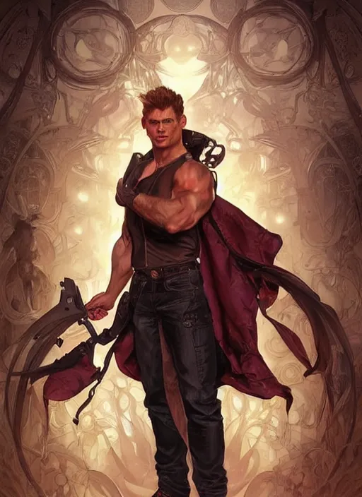 Image similar to photorealistic, canon eos 5 d mark iv, pretty muscular dean winchester as a character in romance book art design, character concept, sharp focus!, ultra detailed, art by artgerm alphonse mucha, wlop