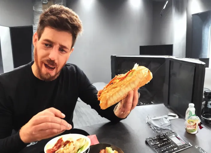 Image similar to Detrans man eating a chicken and bacon sandwich in a studio ghbli style