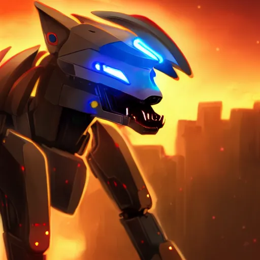 Image similar to highly detailed cinematic shot of a mecha canine, sharp claws, glowing visor, charging through city, digital art, furry art, furaffinity, deviantart, dragon art