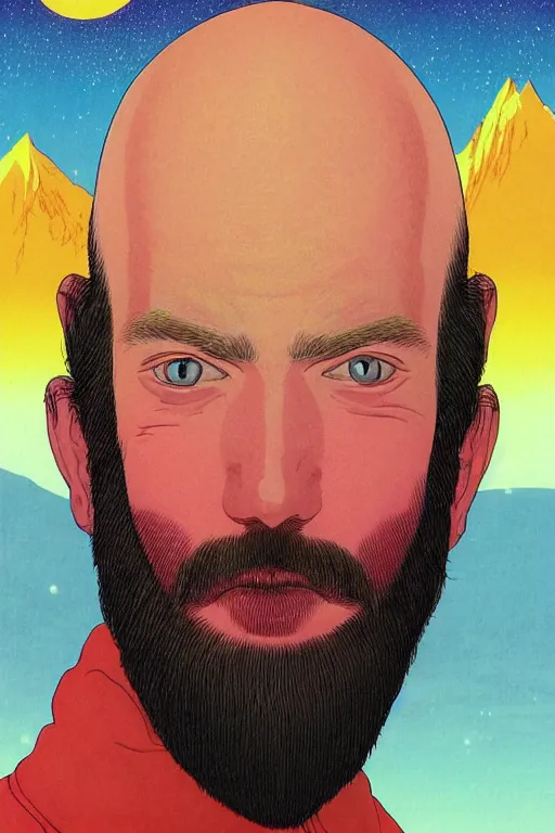Image similar to a colorful closeup portrait of a young bald man with a very long wild beard dreaming psychedelic hallucinations in the vast icy landscape of antarctica, by kawase hasui, moebius and edward hopper, colorful flat surreal design, hd, 8 k, artstation
