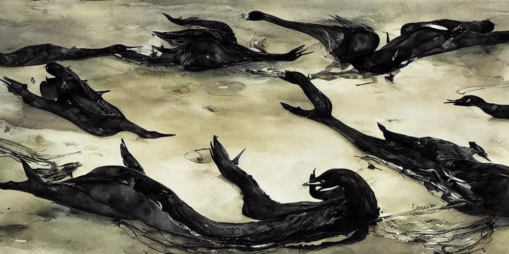 Image similar to black swans melting together in the dark waters. by andrew wyeth, jenny saville and john dollman