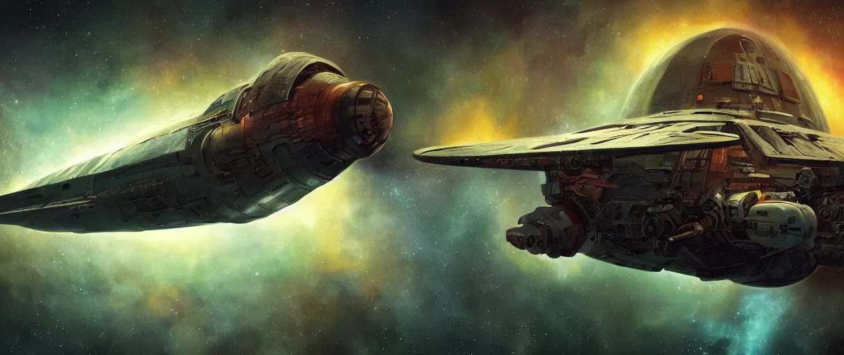 Image similar to tiny spaceship!!, deep space exploration!!!, flying, the expanse tv series, industrial design, the final frontier, illustrative!!, punk, space pirate, painterly, hyperdetailed, hyperrealistic, utilitarian cargo ship, cinematic lighting, 4k, wide angle, beksinski, (neon colors)