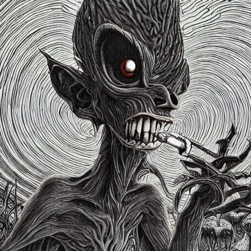 Image similar to 4 k headshot portrait of a psychedelic demonic anthropomorphic wendigo smoking a hand - rolled cigarette smoking heavily, magic mushroom village in background. award winning. superb resolution. in the art style of junji ito and greg rutkowski. detailed mushroom city in background. hyper realistic anime. perfect art. dalle 2