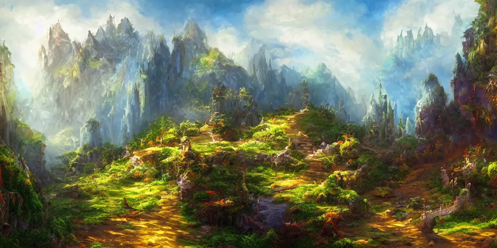 Image similar to a high quality professional 360 painting of a fantasy landscape