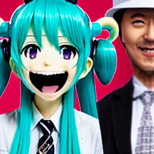 Prompt: hatsune miku and a businessman share domino's pizza