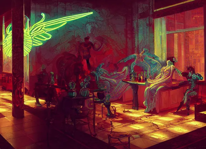 Prompt: harmony of greek statues background, mute, neon lights, neon wings, floor tiles, absinthe ( portrait of bts jimin blood sweat & tears ) by wlop, james jean, victo ngai, beautifully lit, muted colors, highly detailed, fantasy art by craig mullins, thomas kinkade