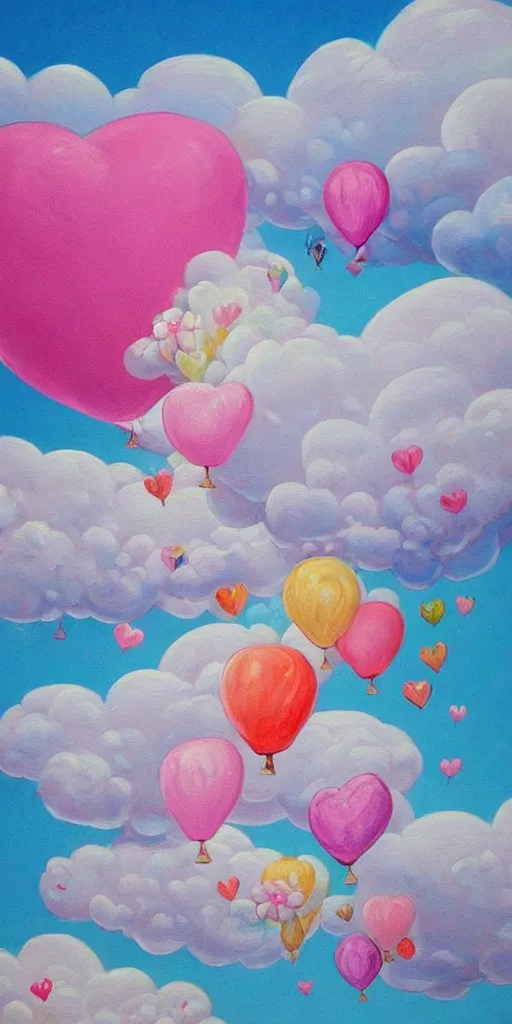 Image similar to detailed painting that is beautiful and whimsical with cotton candy clouds and balloon hearts and flowers inside