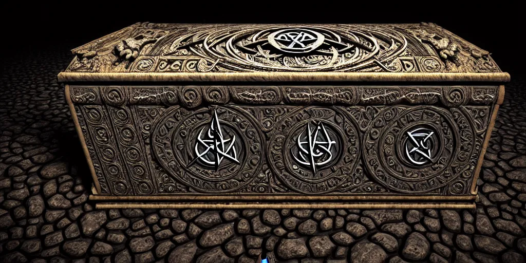 Image similar to an ancient ornate intricate old spell satanic coffin with the sigil symbol of evil emblazoned on the cover, in a unknown cave, cinematic, realistic, intricate detail, finely detailed, small details, extra detail, photorealistic, high resolution, 3 d, pbr, path tracing, volumetric lighting, octane render, arnold render, 8 k