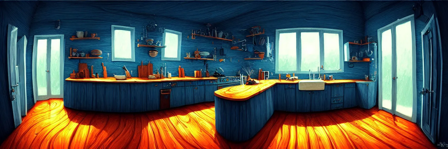 Prompt: fisheye spiral lines, naive, extra narrow, detailed illustration of a kitchen, large floor, dimly lit by rhads from lorax movie, trending artstation, wood texture dark blue tones