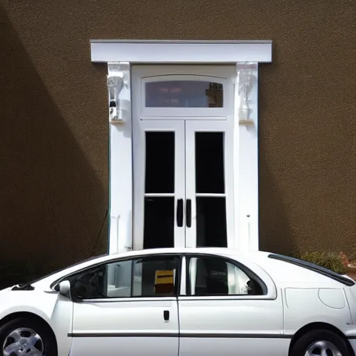 Prompt: a mid 2000s car with its doors replaced with white wooden doors