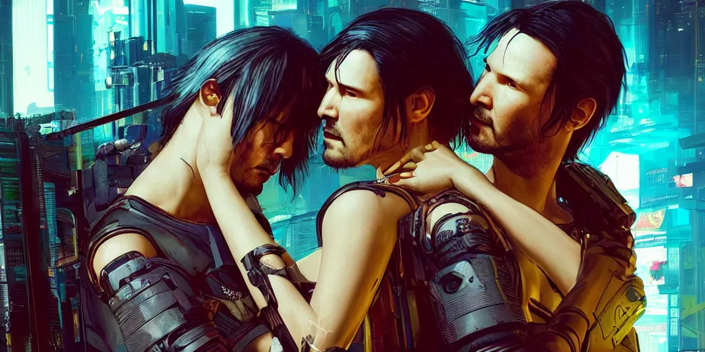 Image similar to a cyberpunk 2077 srcreenshot couple portrait of Keanu Reeves and V final kiss,love,film lighting,by Laurie Greasley,Lawrence Alma-Tadema,Andrei Riabovitchev,Dan Mumford,John Wick,Speed,Replicas,artstation,deviantart,FAN ART,full of color,Digital painting,face enhance,highly detailed,8K,octane,golden ratio,cinematic lighting