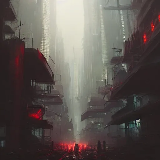 Prompt: Futuristic apocalyptic cyberpunk city by Greg Rutkowski, asymmetrical, realistic painting, dark vibes, nightmare, hard edges, china town, synth wave, trending on the artstation:2 by Greg Rutkowski:4