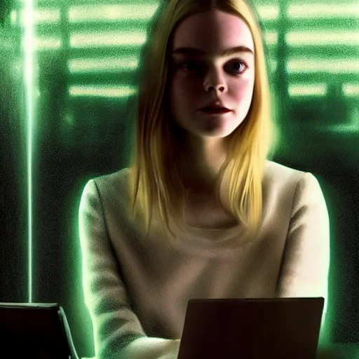 Image similar to Elle Fanning hacking a computer, dreamscape, dramatic green lighting, ink illustration