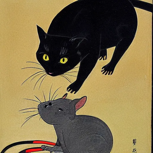 Image similar to a black cat with yellow eyes looking at a cornered mouse by tsuguharu foujita