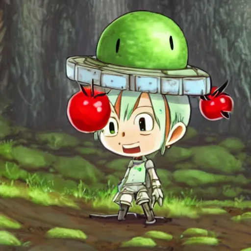 Image similar to cute little smiling robot with tomato hat and one chive in one hand, made in abyss style, standing on a forest