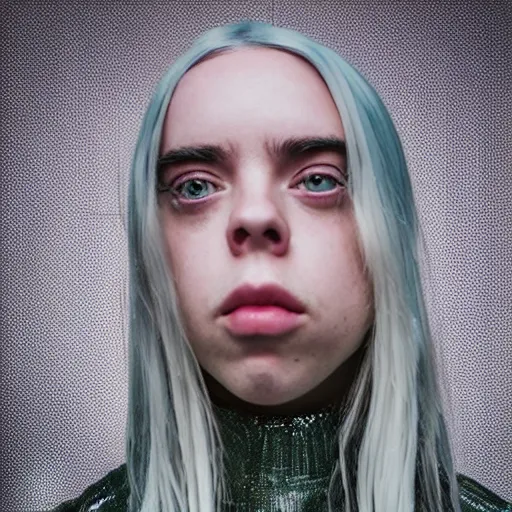 Image similar to Billie Eilish with fish eyes, XF IQ4, f/1.4, ISO 200, 1/160s, 8K, Sense of Depth, color and contrast corrected, Nvidia AI, Dolby Vision, symmetrical balance, in-frame