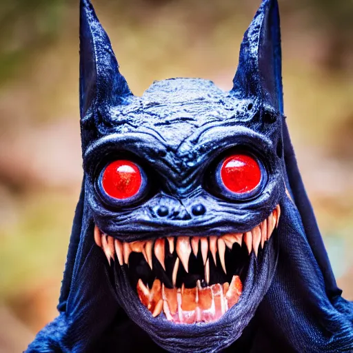 Prompt: detailed photo of scary giant mutant dark blue humanoid pygmy-bat, glowing red eyes, sharp teeth, acid leaking from mouth, realistic, giant, detailed 85mm f/1.4