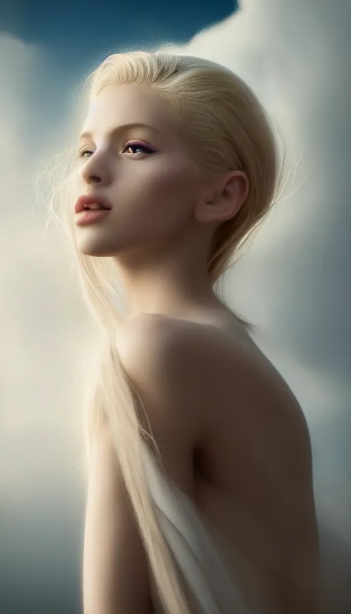 Image similar to photo of purity, a gorgeous blonde young girl , searching for eternity, head in the clouds in the style of stefan kostic, realistic, sharp focus, 8k high definition, high fashion, vogue, insanely detailed, soft light, colorful smoke, intricate, elegant, art by stanley lau and artgerm, sigma 85mm art