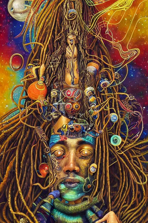 Prompt: a high hyper detailed painting with many complex textures of man with long dreadlocks making music in the cosmos, cosmic surreal psychedelic magic realism spiritual ufo art