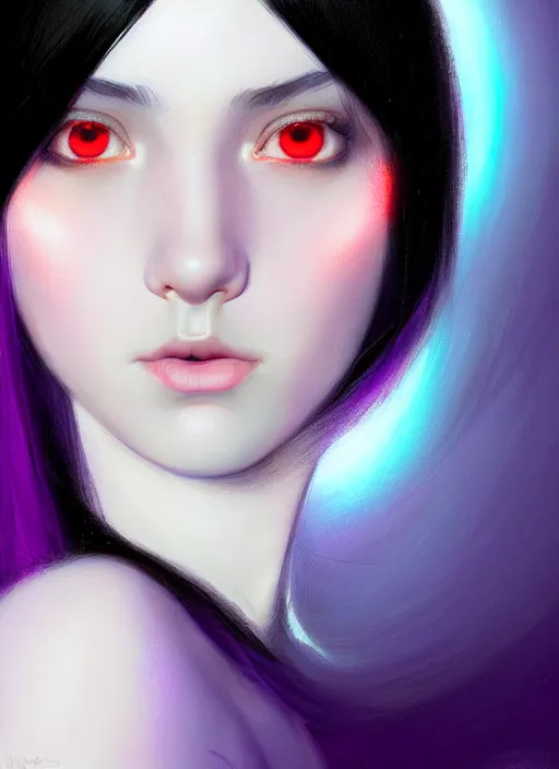 Image similar to portrait of teenage girl with white bangs, red irises, black hair, purple clothes, white bangs, bangs are different color from hair, intricate, front of hair is white rest is black, elegant, glowing lights, highly detailed, digital painting, artstation, concept art, smooth, sharp focus, illustration, art by wlop, mars ravelo and greg rutkowski