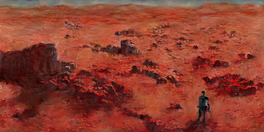 Image similar to red desert on mars, ruins of giant tetris part covered with sand, sandfalls, painted by ruan jia, raymond swanland, lawrence alma tadema, zdzislaw beksinski, norman rockwell, jack kirby, tom lovell, alex malveda, greg staples