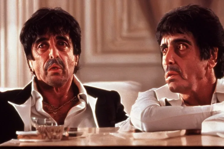 Image similar to tony montana from movie scarface 1 9 8 3 sitting at a big black oak table with big packages of flour. next to the night window. al pacino. perfect symmetric face, coherent eyes,, fine details, 4 k, ron cobb, cinestill