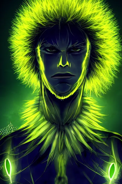 Prompt: nuke cloud dandelion male anime character, symmetrical, highly detailed, digital art, sharp focus, trending on art station, green eyes, glowing radioactive colours