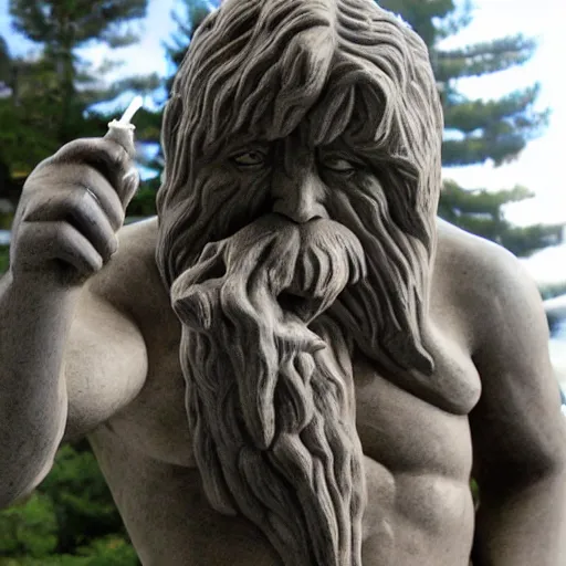 Prompt: a marble statue of Sasquatch smoking a joint