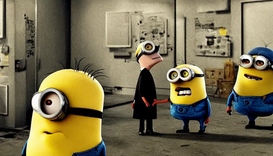 Image similar to the movie se7en!!!!!!!!! starring minions, movie still, directed by David fincher