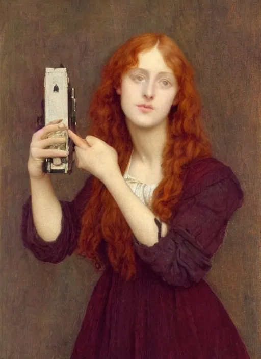 Image similar to Pre-Raphaelite young beautiful woman with blond hair holding a camera