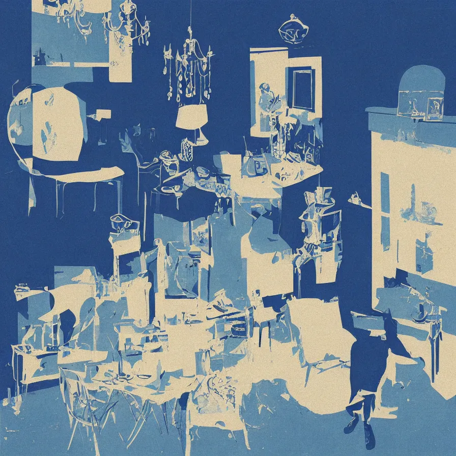 Prompt: Cover art for an album titled: 'Le Décor en Suspens'. Blue color scheme.