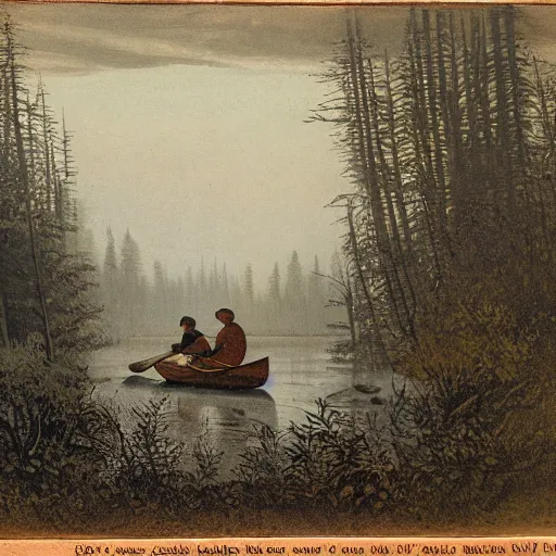 Prompt: hunter sitting in a canoe on the river, deep in the wilderness early in the misty morning in late winter or early spring, boreal forest, 19th century
