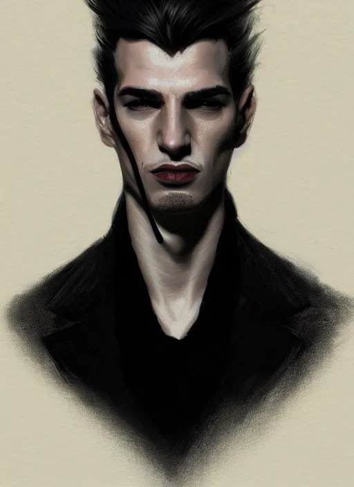 Image similar to portrait of a man with a broad nose and a confident expression, 1 9 6 0 s, black clothes, goth, punk, funk, intricate, elegant, highly detailed, digital painting, artstation, concept art, smooth, sharp focus, illustration, art by wlop, mars ravelo and greg rutkowski