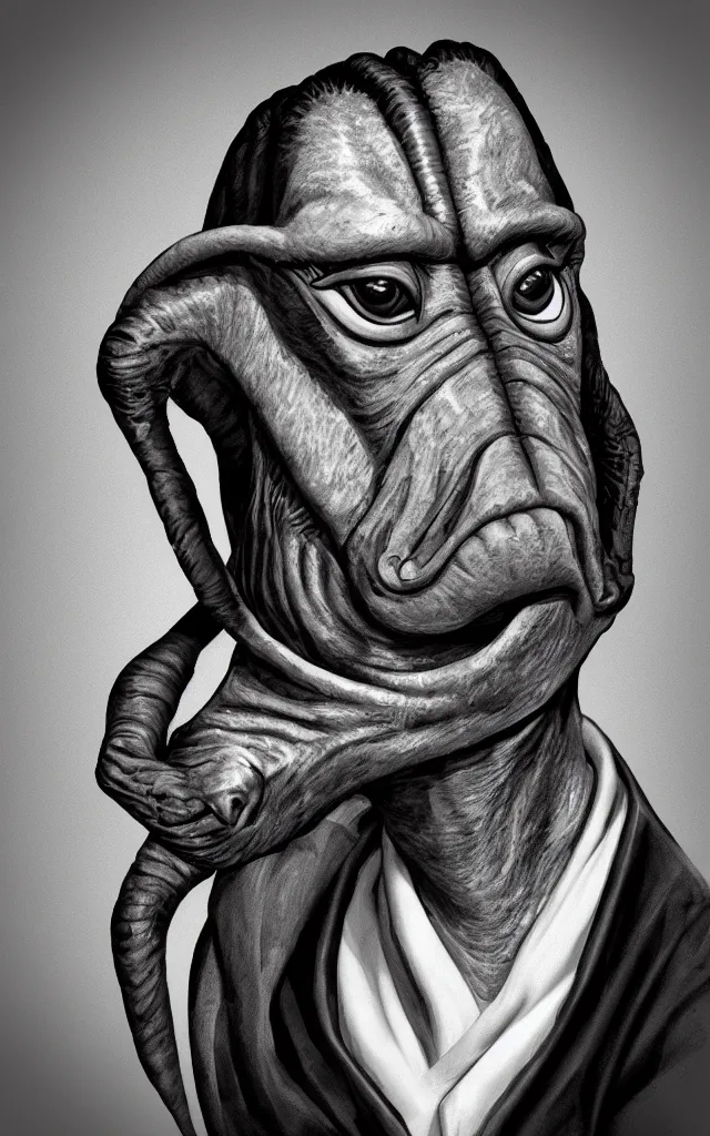 Prompt: “photorealistic portrait of Jar Jar Binks as a detective, in the style of Otto Preminger, trending on artstation, detailed, black and white”