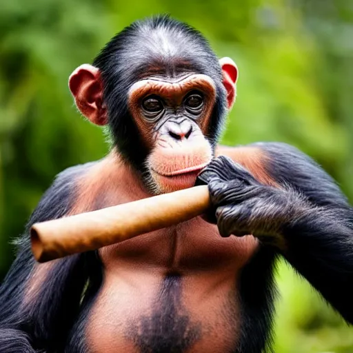 Image similar to a high detail closeup shot of a chimp wearing a suit and smoking a cigar