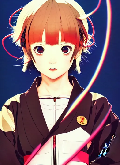 Image similar to yoh yoshinari, ilya kuvshinov colorful anime portrait of shiina ringo, last exile, murata range, fine detail,, dramatic lighting, dynamic composition, cel shading, vivid, rich texture, alphonse mucha, gustav klimt, cinematic, takashi murakami, stippled lighting