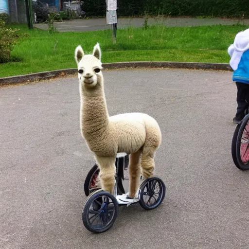 Image similar to a childrens drawing of an alpaca on an unicycle