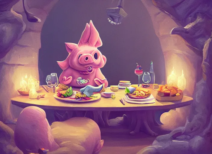 Prompt: a cartoonish cute anthropomorphic pig is having dinner in a beautiful home, magical atmosphere, trending on artstation, 30mm, by Noah Bradley trending on ArtStation, deviantart, high detail, stylized portrait H 704