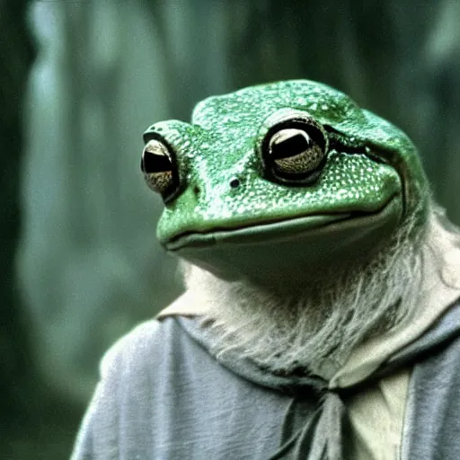 Image similar to gandalf as a frog, lord of the rings, movie film still, 4 k, cinematic, beautiful light