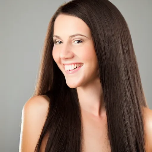 Prompt: a beautiful studio photo portrait of a long straight - haired brunette woman, happy and smiling