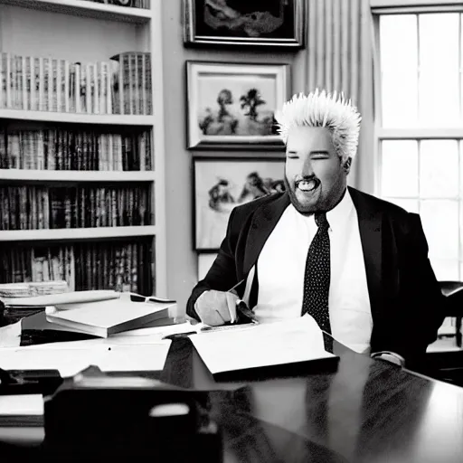 Prompt: President Guy Fieri at his desk in the white house Oval Office, business suit, signing bill, cinematic, kodak 2383 film