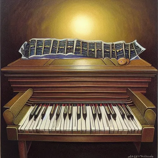 Prompt: a painting of a piano, a surrealist painting by jacek yerka, cgsociety, fantastic realism, surrealist, detailed painting