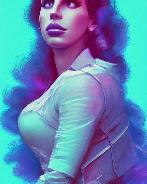 Image similar to portrait of lana del rey as a cyborg. intricate abstract. key art. blue, pink, intricate artwork. by tooth wu, wlop, beeple, dan mumford. 8 k octane render, trending on artstation, greg rutkowski very coherent symmetrical artwork. cinematic, hyperrealism, very detailed, iridescent accents