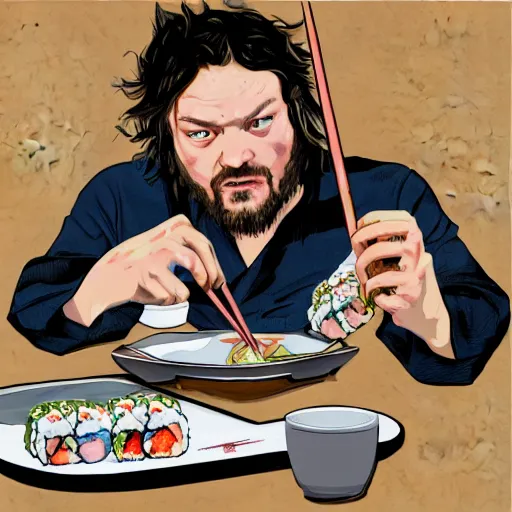 Image similar to pencil illustration of Bam Margera eating sushi with chopsticks highly detailed