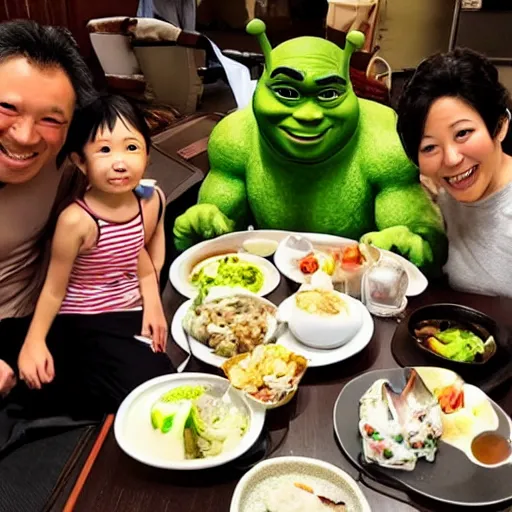 Image similar to photo of a japanese family having dinner with shrek