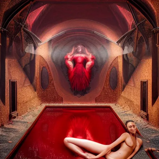 Image similar to Rachel Cook full body laying in a blood red pool of water between a golden mirror frame, outside is space and inside the mirror frame is a beautiful landscape., physically accurate, dynamic lighting, intricate, elegant, highly detailed, digital painting, artstation, HR GIGER, Hieronymus Bosch, Francis Bacon, concept art, smooth, sharp focus, illustration, art by artgerm and greg rutkowski and alphonse mucha