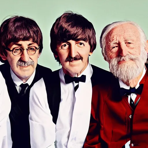 Prompt: old the beatles at age of 9 0 years old, color ( sony a 7 r iv, symmetric balance, polarizing filter, photolab, lightroom, 4 k, dolby vision, photography award ), vogue, perfect face, movie poster