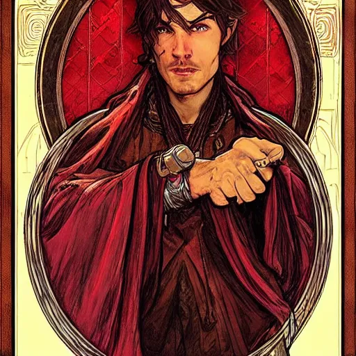 Prompt: ezra the elven desert bandit. Red robes. Epic portrait by james gurney and Alfonso mucha (lotr, witcher 3, dnd).